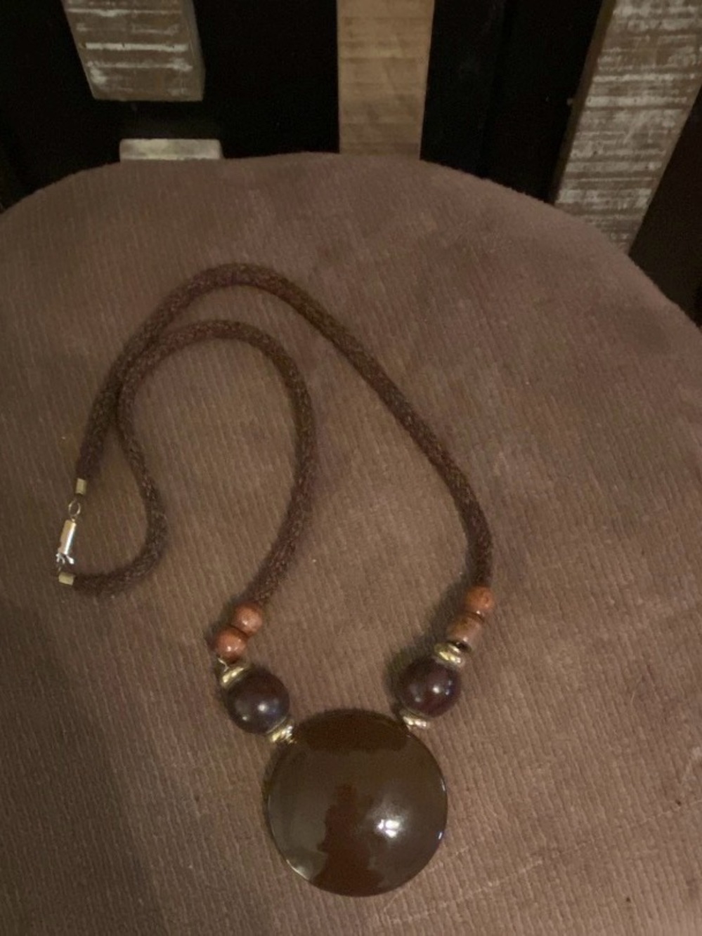 Vintage 1970s Boho 29.5" Long Brown Medallion Pendant Necklace